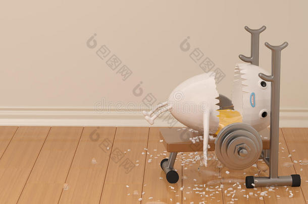 一个<strong>卡通鸡</strong>蛋在举重时发生了事故，3D插图。