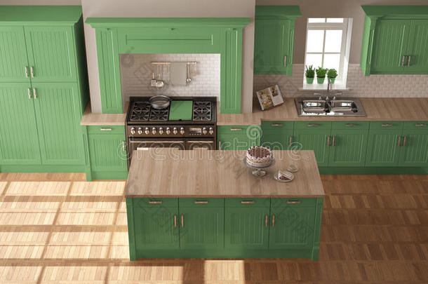 经典厨房，斯堪的纳维亚简约<strong>室内设计</strong>，木质和<strong>绿色</strong>细节