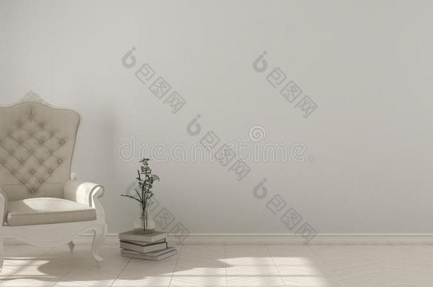 经典的生活背景，白色复古扶手椅，人字形天然拼花地板，室内设计