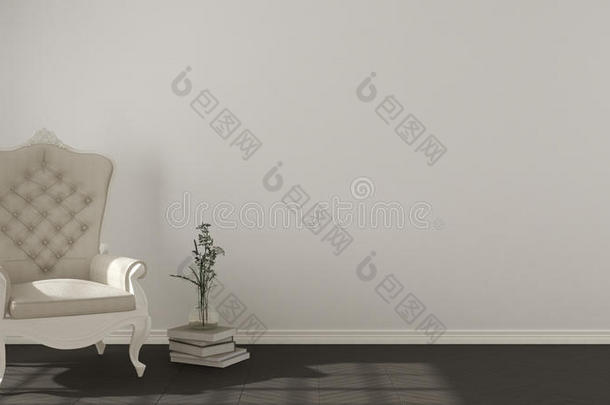 经典的生活背景，白色复古扶手椅，人字形天然拼花地板，室内设计