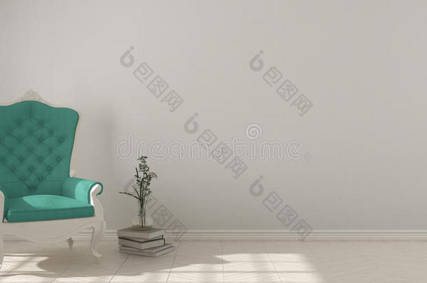 经典的生活背景，白色和绿松石复古扶手椅在人字形天然拼花地板，室内设计