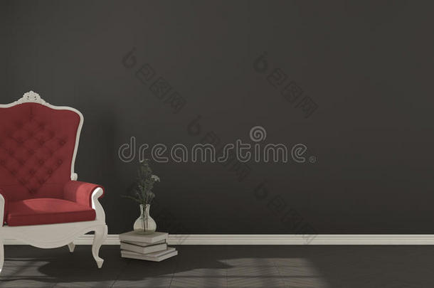 经典的深色生活背景，白色和红色复古扶手椅，人字形天然拼花地板，室内设计