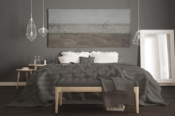 经典卧室，斯堪的纳维亚现代风格，简约的室内设计，特写