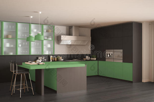 经典的最小灰色和绿色厨房与镶花地板，现代室内设计