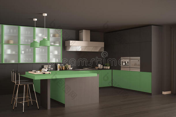 经典的最小灰色和<strong>绿色</strong>厨房与镶花地板，现代<strong>室内设计</strong>
