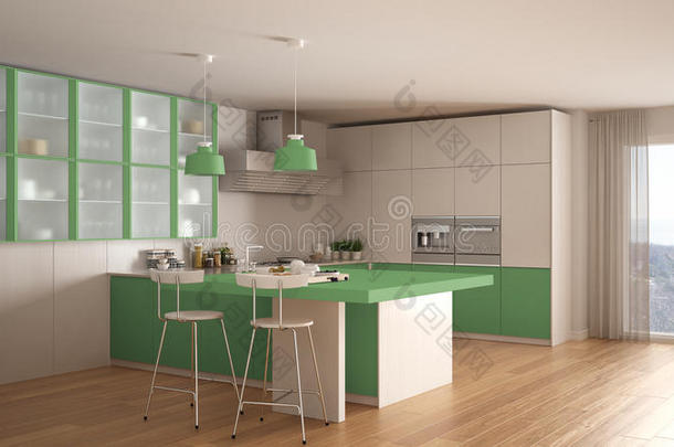 经典的最小白色和绿色厨房与镶花地板，模式
