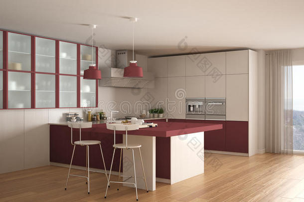 经典的白色和红色厨房与镶花地板，现代