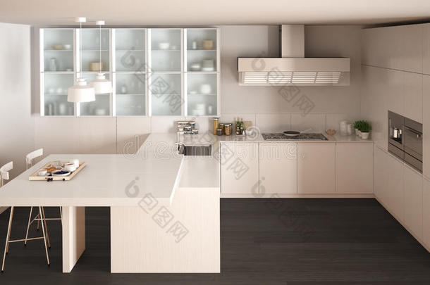 经典的最小白色厨房与镶花地板，现代室内设计