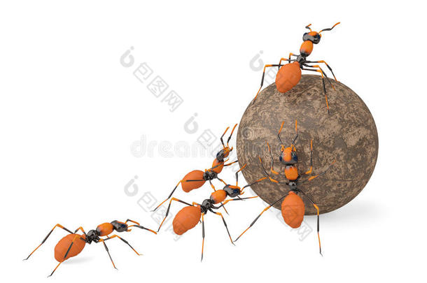<strong>蚂蚁团队</strong>合作和石球。 三维插图。