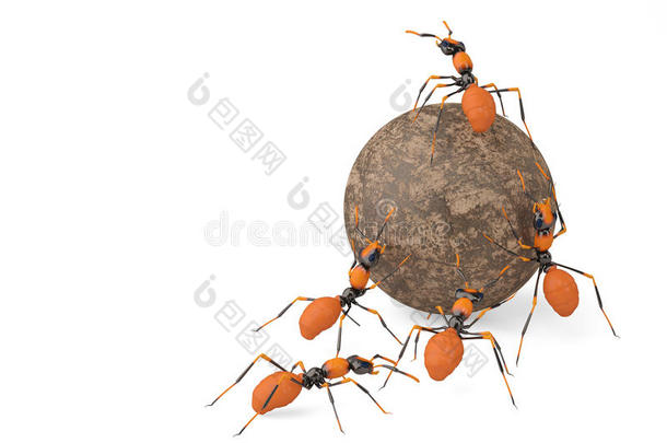 <strong>蚂蚁团队</strong>合作和石球。 三维插图。