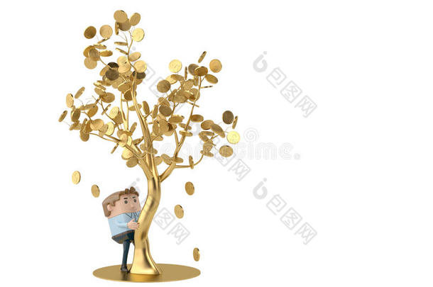 一个人在金树下收集金币。 三维插图。