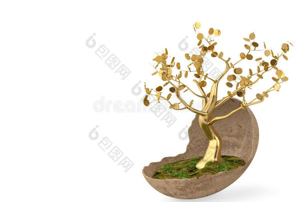 鸡蛋形状的花盆里的一棵金色的树。 三维插图。