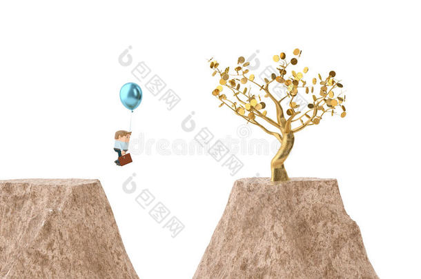 一位官员拉着一个气球越过峡谷，去金树。 三维插图。