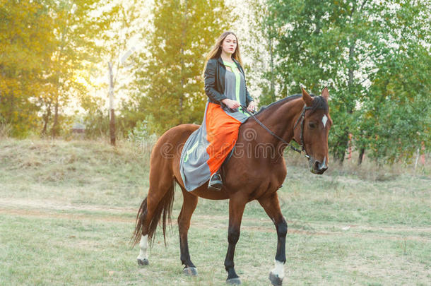 一个漂亮的女孩正在遛马。专注于那个女孩。图像的<strong>暖色</strong>调。柔和的焦点。