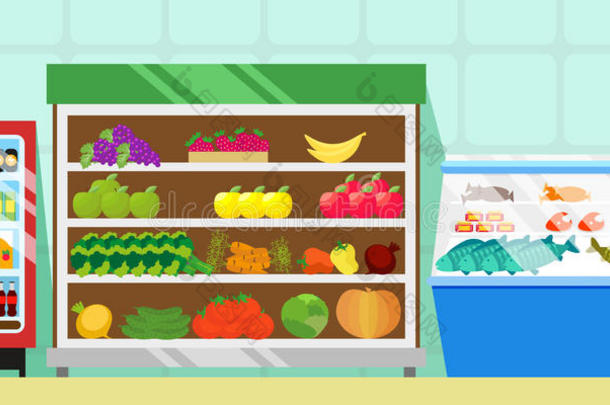 有食物、蔬菜和水果的柜台。 冰箱里有软饮料。 展示肉，鱼和香肠。 贸易