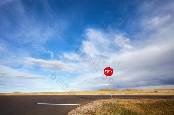 沙漠公路与停车标志，概念图片，美国