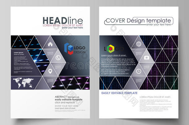 小册子、杂志、传单、小册子的商业模板。 封面模板，布局为A4格式。 抽象的彩色霓虹灯