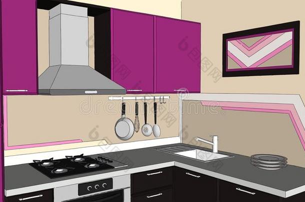 现代PUPRLE和棕色厨房角落的三维插图与油烟罩，炊具，水槽和电器
