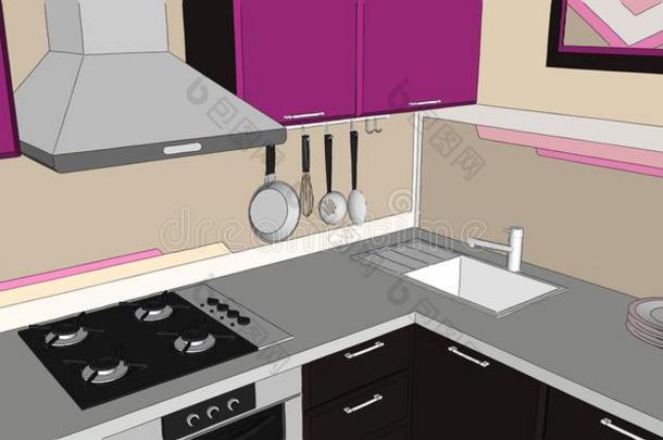 紫色和棕色厨房<strong>角落</strong>的刀、水槽和壁锅架的紫色和棕色厨房<strong>角落</strong>的三维插图