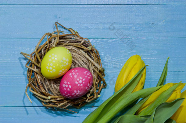 鸟巢里的复活节彩蛋画鸡蛋。 一束黄色郁金香