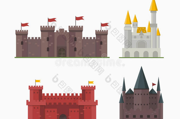 卡通<strong>童话</strong>城堡塔图标可爱的建筑幻想房子<strong>童话</strong>中世纪和公主堡垒设计