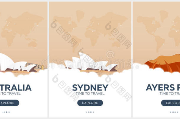 澳大利亚。 是时候<strong>旅行</strong>了。 一套<strong>旅行海报</strong>。 矢量平面插图。