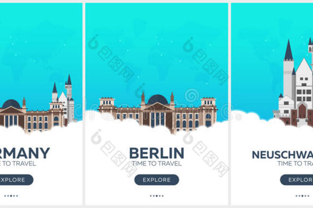 德国。 是时候旅行了。 一套旅行海报。 矢量平面插图。