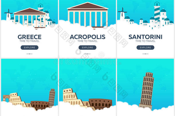 希腊，意大利。 是时候旅行了。 一套旅行海报。 矢量平面插图。
