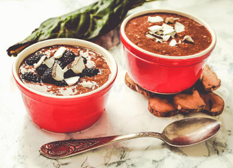 巧克力布丁在一个红色的碗里，加椰子，着色图片