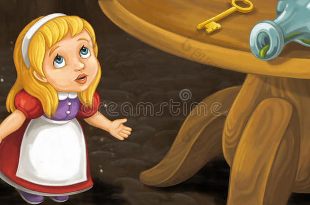 卡通场景，非常小的女孩看着大桌子，上面有钥匙和瓶子