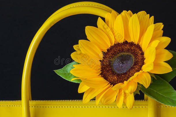 从真皮，装饰花，向日葵的明亮手提包的特写手柄。 购物、制造的概念