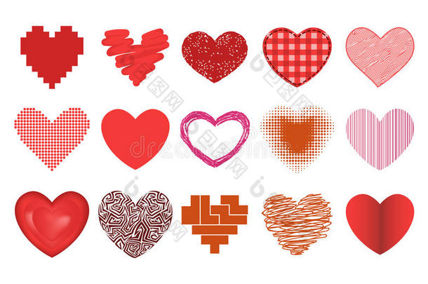 不同风格的红色心脏矢量图标隔离爱<strong>情情</strong>人节符号和浪漫设计婚礼美丽