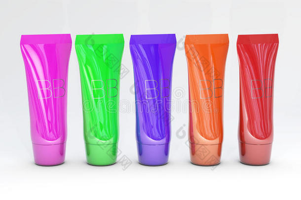 基础管广告模板不同颜色包装BB霜不同颜色瓶模拟皮肤调色剂3D插图