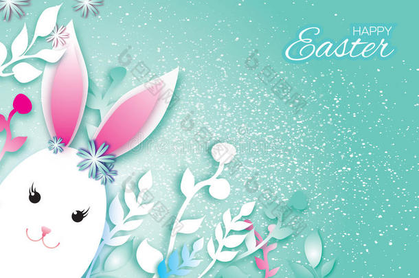 可爱的折纸有趣的兔子，花。 快乐复活节贺卡。 文本的空间。