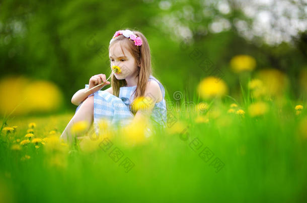 美丽的春天，盛开的蒲公英草地上可爱的小女孩