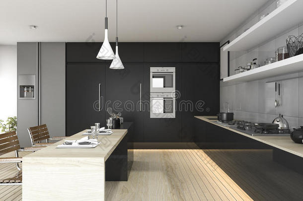三维渲染黑色厨房与木地板和光线