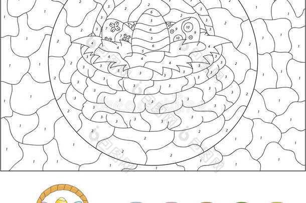 带有复活节鸡蛋的卡通篮子。 儿童按数字教育游戏的颜色