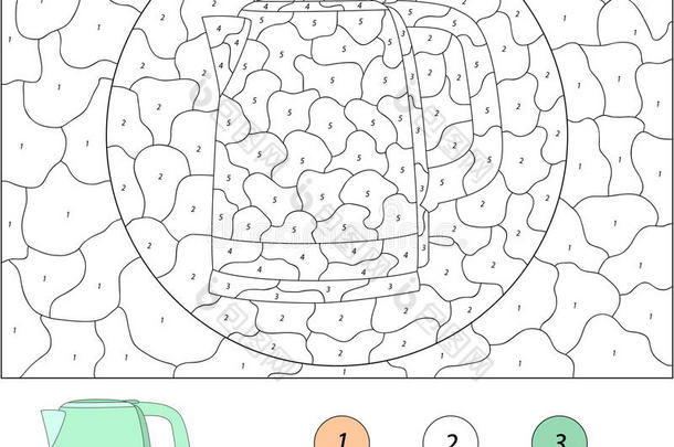 卡通电水壶。 儿童按数字教育游戏的颜色