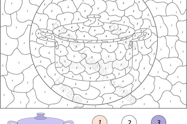 卡通平底锅。 儿童按数字教育游戏的颜色