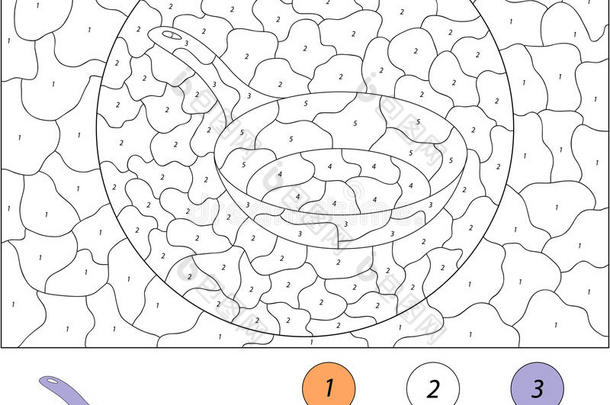 卡通平底锅。 儿童按数字教育游戏的颜色