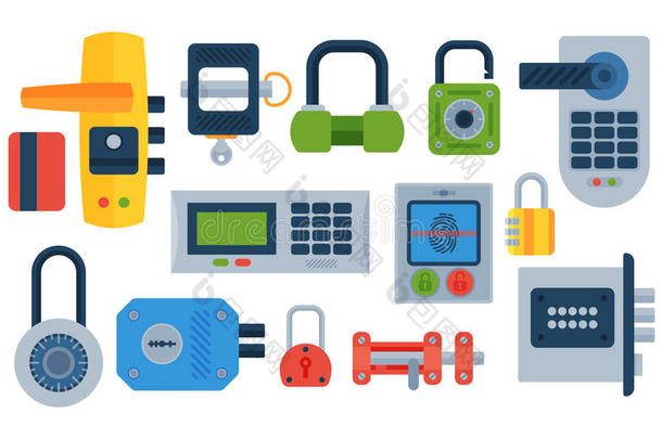 不同的门锁图标设置矢量安全密码隐私元素与钥匙和挂锁，保护安全