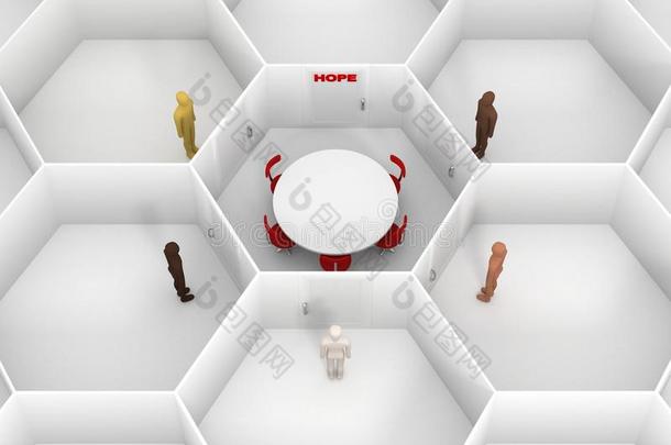 五个人站在封闭的白色房间周围，有圆桌，紧闭的门上有红色的希望标志。 会见人讨论
