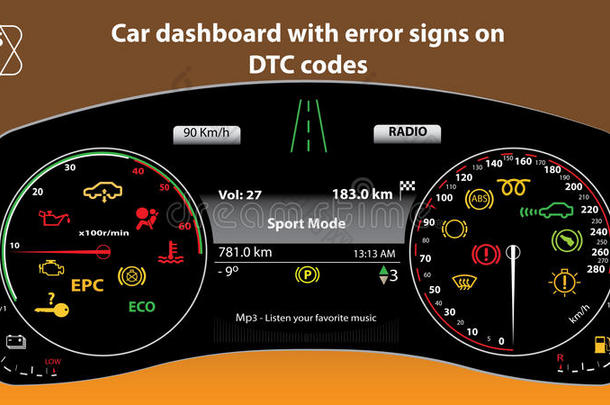 <strong>汽车</strong>仪表板的格式。 收集<strong>汽车</strong>面板<strong>指示</strong>器，黄色，红色，绿色，<strong>指示</strong>器，量规，rpm，DTC代码
