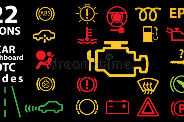 22个图标集合<strong>汽车</strong>仪表板面板<strong>指示</strong>器，黄色红色绿色<strong>指示</strong>器。 DTC代码。 检查引擎警告。