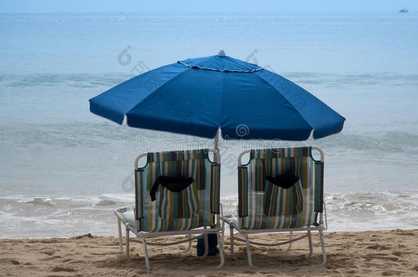太平洋沙滩上的空海滩椅子和雨伞