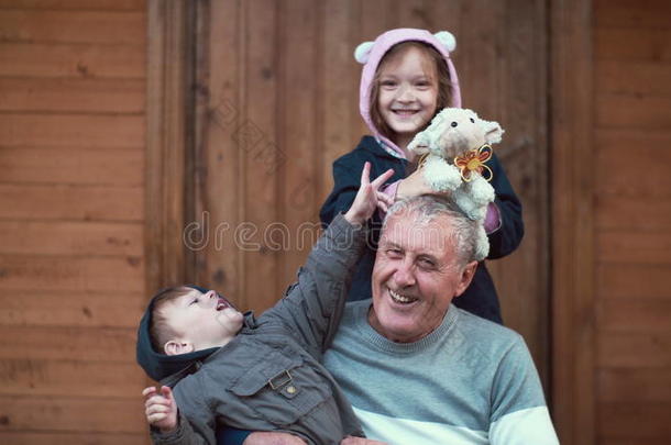 男孩坐在祖父的膝盖上，女孩站在后面拥抱。 兄妹玩玩具羊，笑着。 4k