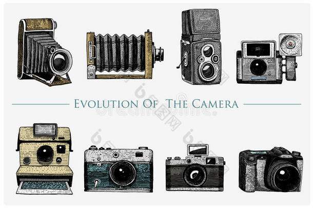 照片，视频，电影，电影相机从一开始到现在的演变，古董，雕刻的手画在素描或木材切割