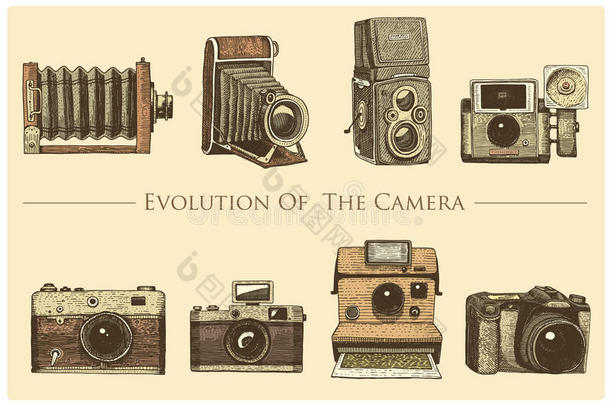 照片，视频，电影，电影相机从一开始到现在的演变，古董，雕刻的手画在素描或木材切割