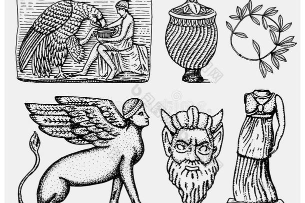 古希腊，<strong>古玩</strong>符号Ganymede和鹰安芙拉，花瓶，雅典娜雕像和萨太尔面具<strong>古董</strong>，雕刻的手