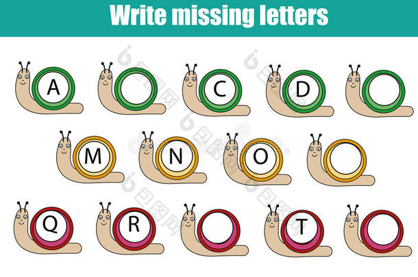 儿童教育游戏。 写下丢失的字母。 学习英语字母表